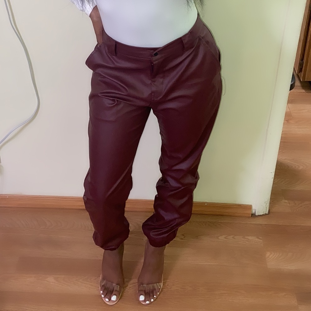 Red Faux Leather Joggers.
